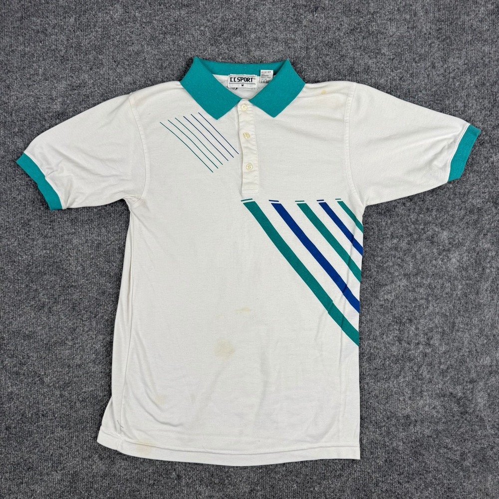 CC Sport Polo Mens Size M White Teal Geometric Stripe Retro Short Sleeve Shirt